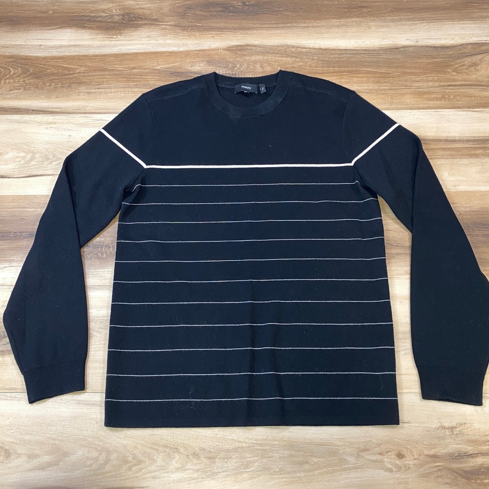 Theory‎ Arnaud Crew Sweater Mens S Minimalist Merino Wool Striped Black White